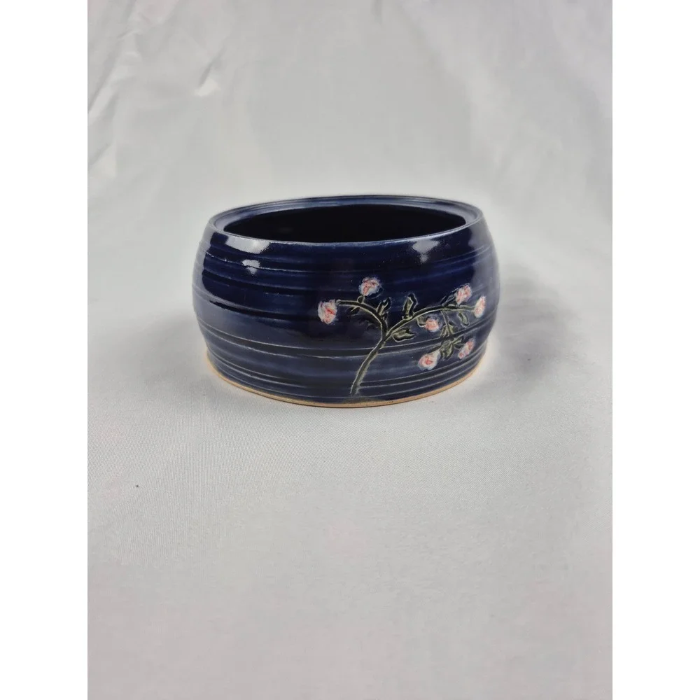 Signed Studio Art Pottery Covered Candy Dish Bathroom Vanity Jar Blue with Lid